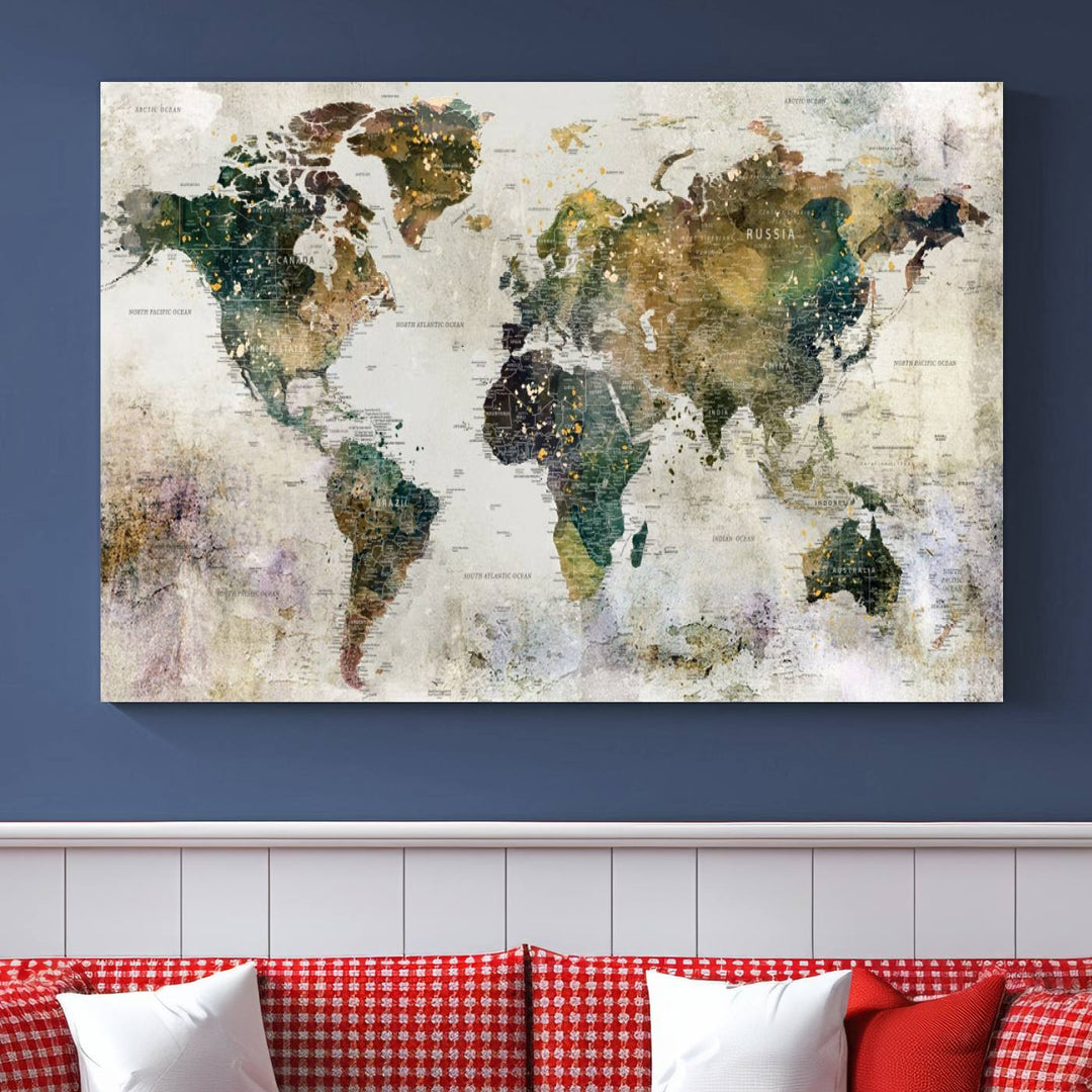 Impresión de arte de pared de mapa del mundo grande - Mapa en lienzo Galería Juego de pared de 3 paneles Regalo para mapa de viajero