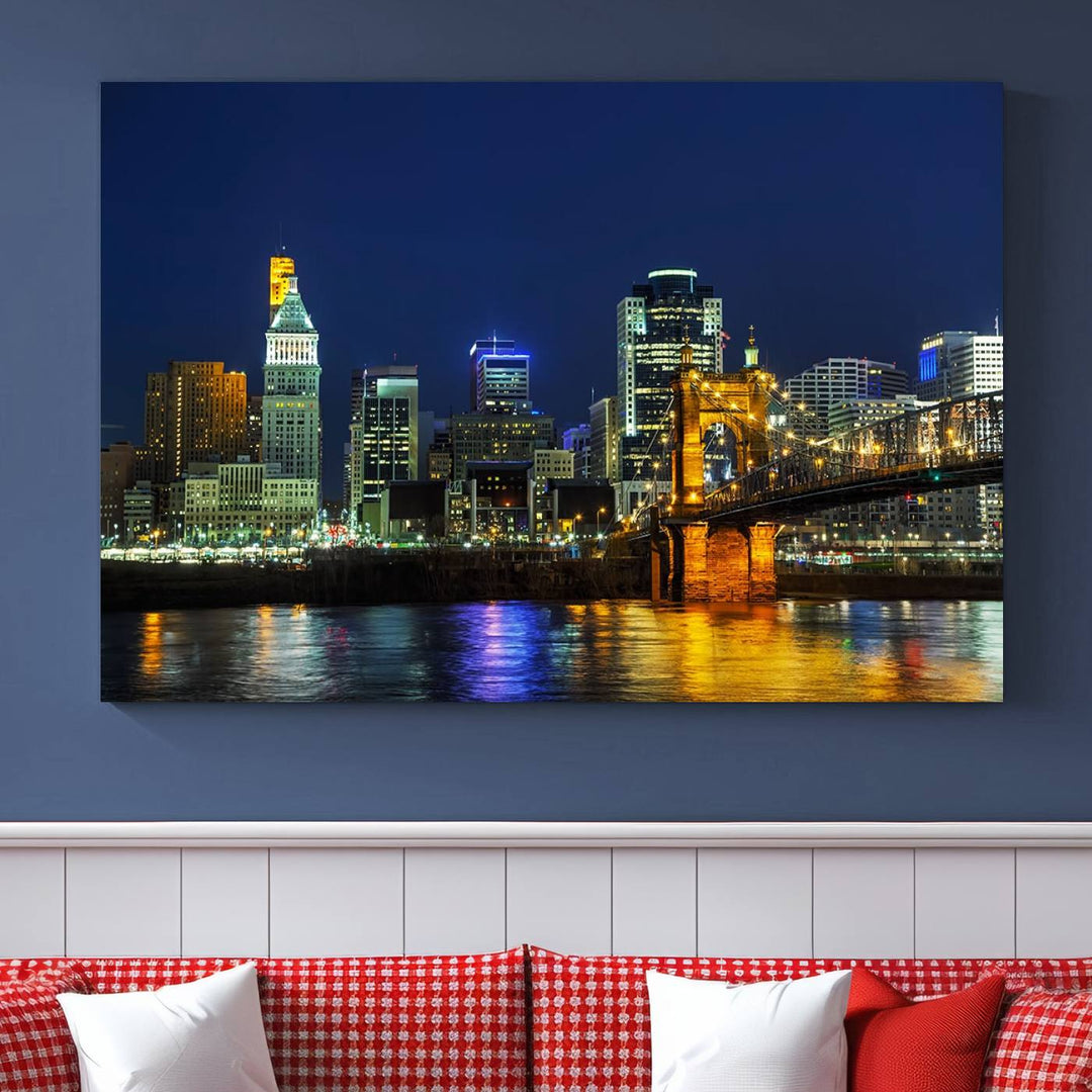 The "Cincinnati City Lights Night Skyline Cityscape" canvas print, displayed above a sofa, exhibits museum-quality craftsmanship with a UV-protective coating.