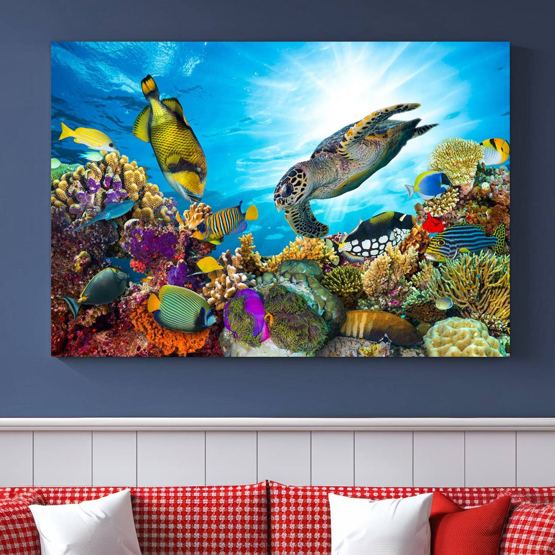 The Aquatic Life Sea Turtles Fish Wall Art Canvas Print is a triptych of vibrant underwater scenes featuring a sea turtle, various fish, and colorful coral. Crafted on museum-quality canvas, this handcrafted masterpiece brings the ocean to life in any space.