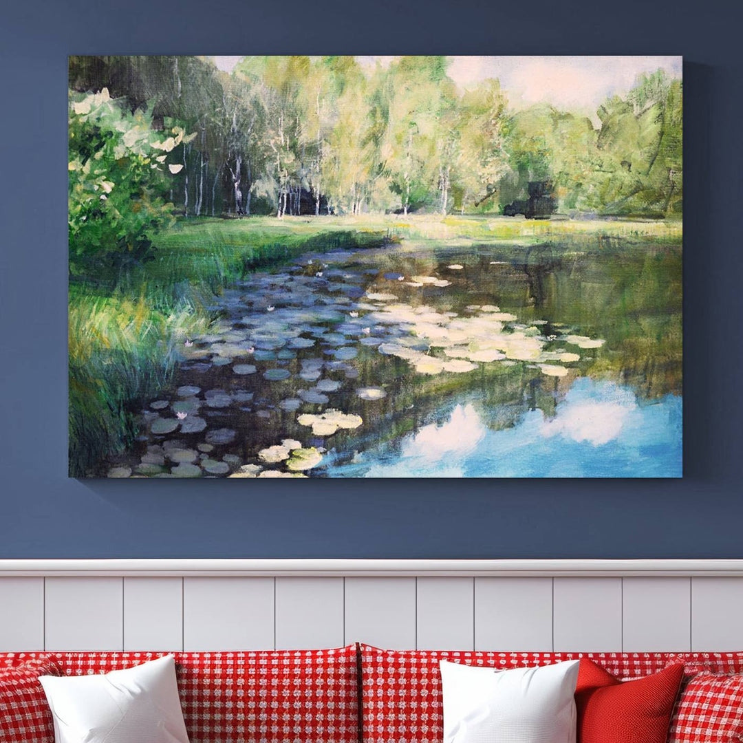 The "Forest Pond River Lake Wall Art Canvas Print" showcases a serene lakeside landscape with trees and water lilies. Crafted on museum-quality canvases and enhanced with UV-protective coating, this piece serves as an elegant addition to any space.