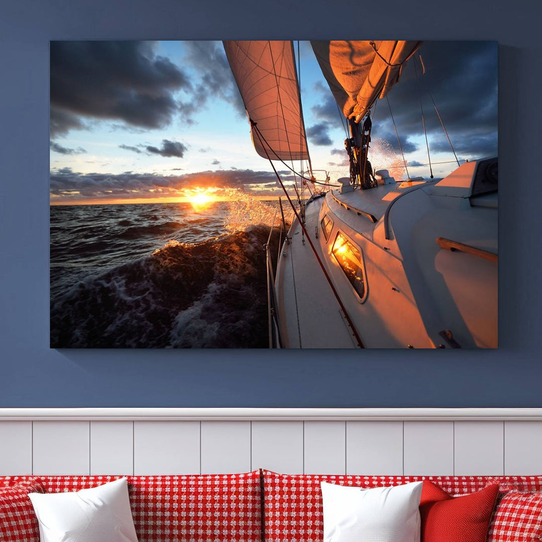 The modern living room is adorned with the Ocean Sunset Sailboat Wall Art, a triptych crafted on museum-quality canvas featuring UV-protective coating for lasting vibrancy.