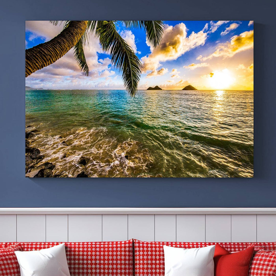 The Sunset Lake View Wall Art Canvas Print, gallery wrapped on a museum-quality canvas, enhances the vibrant living room decor with its UV-protective coating.