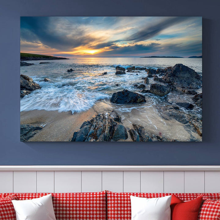 The "Beautiful Stormy Sunset at Bagh Steinigidh Beach Stones" triptych ocean-themed wall art is displayed on museum-quality canvas and features a UV-protective coating.