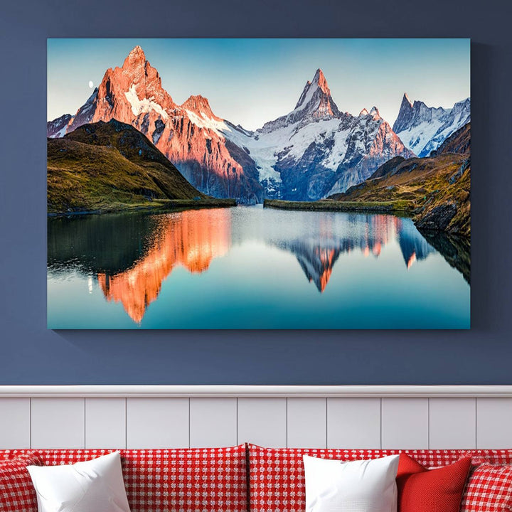 The living room features the Landscape Mountain and Lake View Wall Art Canvas Print. This triptych is expertly handmade in the USA on museum-quality canvas and includes a UV-protective coating to ensure lasting beauty.