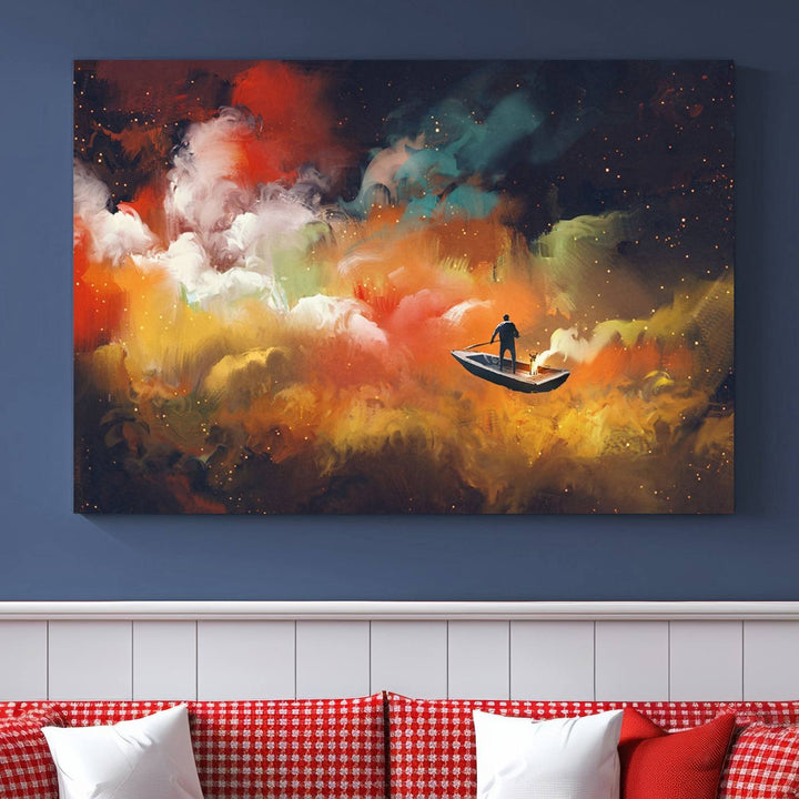 The "Surreal Space Adventure Canvas Wall Art" is a dreamlike abstract galaxy print with an astronaut among clouds, inviting you on a space adventure. This stunning piece comes framed and ready to hang, making it perfect for enhancing living room or bedroom decor.