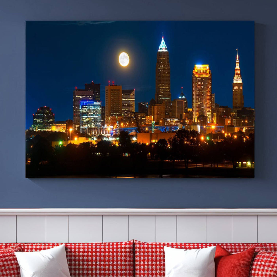 The "Cleveland Night Skyline Wall Art City Cityscape Canvas Print" adds elegance to the room with its depiction of a city skyline and full moon on museum-quality canvas. The artwork is enhanced by a UV-protective coating to ensure lasting brilliance.