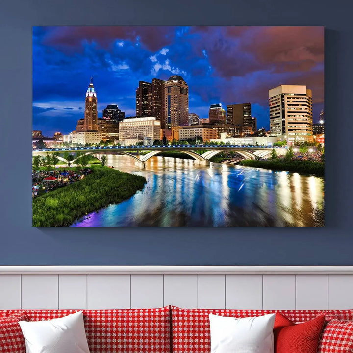 Columbus City Lights Night Bright Blue Cloudy Skyline Cityscape View Wall Art Canvas Print, gallery wrapped on museum-quality canvas, reflecting on a river.