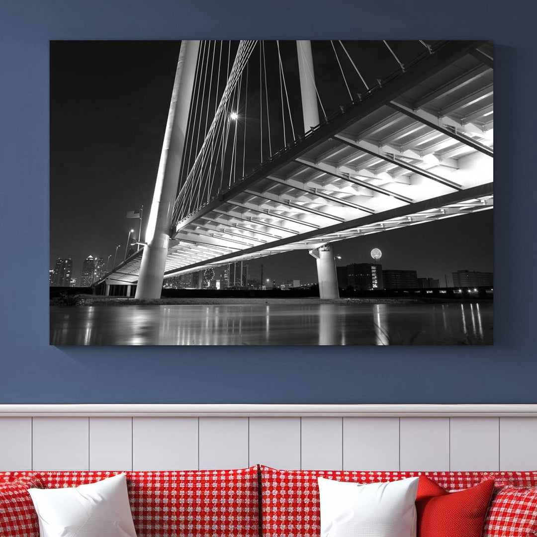 The modern living room features the museum-quality "Dallas City Bridge Lights Skyline Black and White Wall Art Cityscape Canvas Print," elegantly displayed on gallery-wrapped canvas.