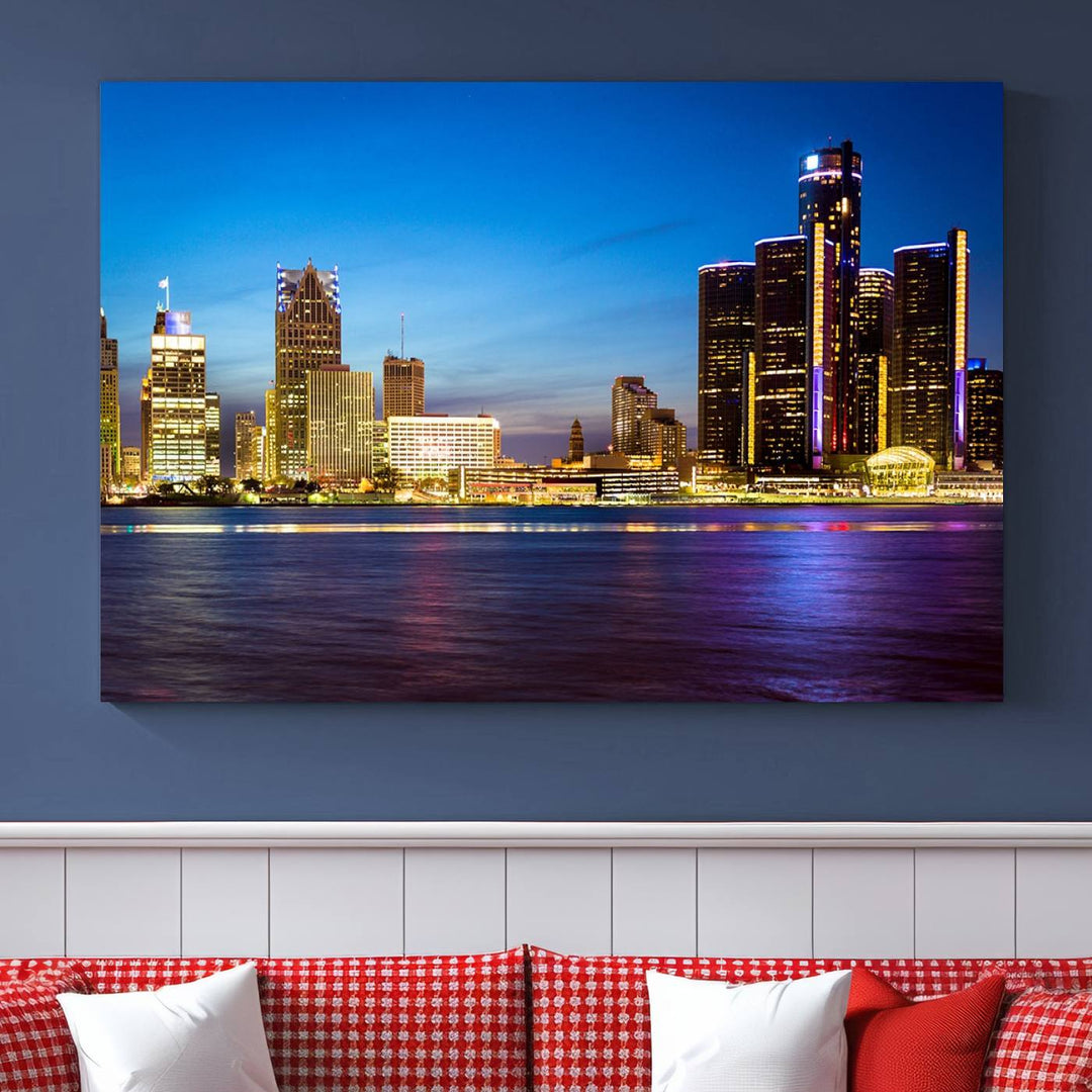 The living room features a breathtaking canvas print titled "Detroit City Lights Night Bright Blue Skyline Cityscape View," presented in a stunning triptych format on museum-quality canvases that are ready to hang.