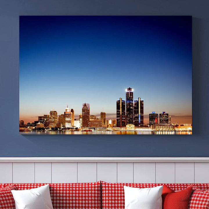 The Detroit City Lights Sunrise Skyline Cityscape View Wall Art Canvas Print adorns the modern living room. Crafted on museum-quality canvas with a UV-protective coating, this piece is ready to hang and elegantly elevates your décor.