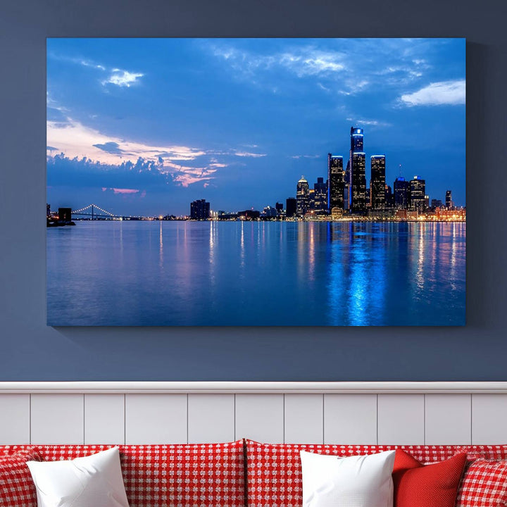 The "Detroit City Lights Night Blue Cloudy Skyline Cityscape View" wall art, displayed on museum-quality canvases, is split into three gallery-wrapped panels.