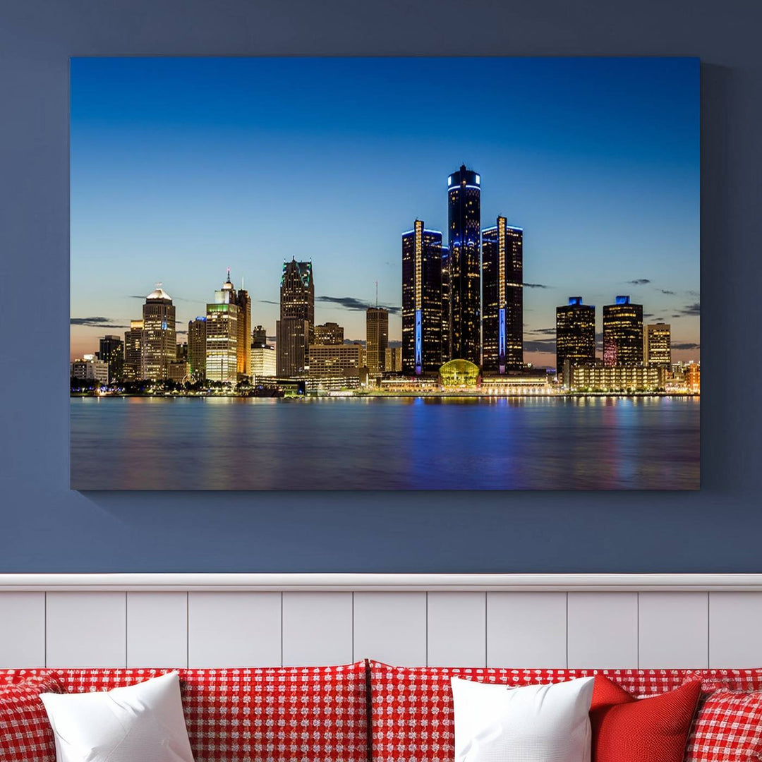 Detroit City Lights Sunrise Skyline Cityscape View Wall Art Impression sur toile