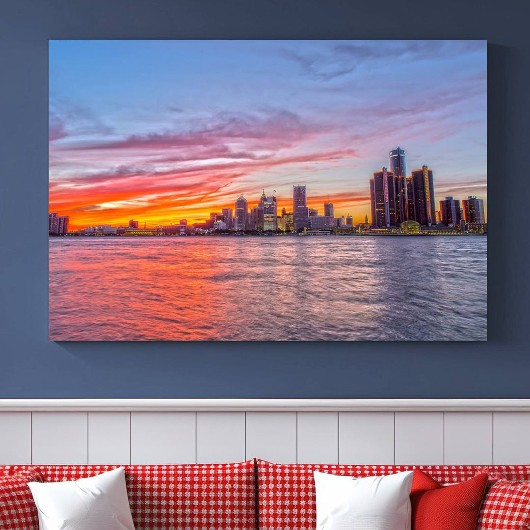 The Detroit City Lights Sunset Colorful Cloudy Skyline Cityscape View Wall Art Canvas Print showcases a vibrant city skyline at sunset over water. The artwork is museum-quality, comes ready to hang, and features a UV-protective coating to preserve its vivid colors.