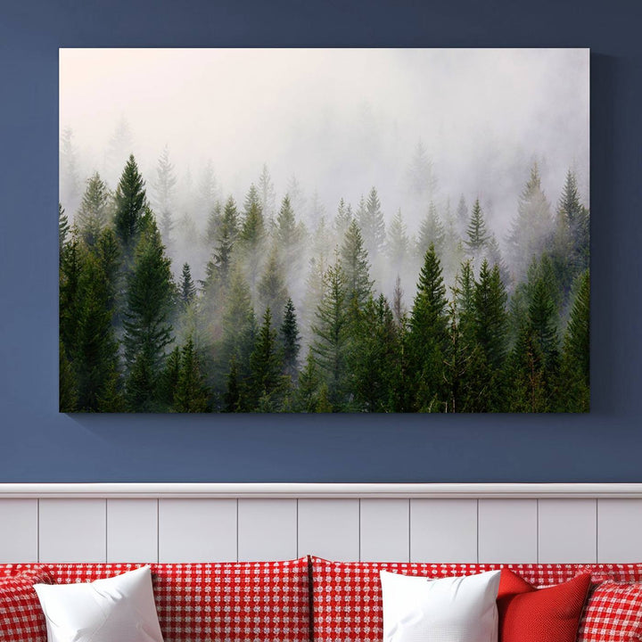 A 3-panel Misty Pine Forest Wall Art Canvas Print, featuring a green woodland scene, adorns the wall.