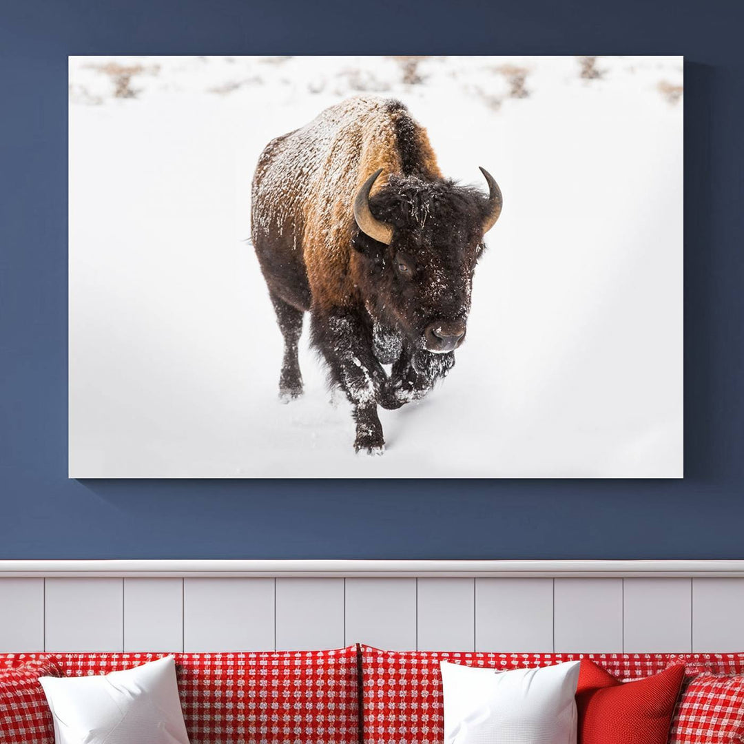 The Bison Winter Wall Art Canvas Print for Farmhouse Decor is displayed as a triptych in the living room. This artwork, printed on museum-quality canvases with a UV-protective coating to maintain its vibrant colors, is the focal point of the space.