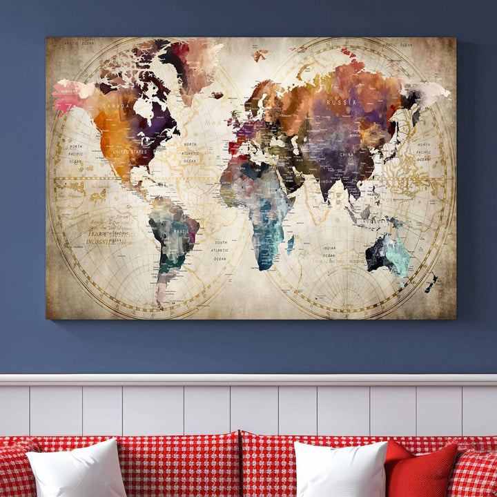 A World Map Wall Art Canvas Print featuring vibrant colors is crafted on museum-quality canvas, adding a touch of elegance to the room.