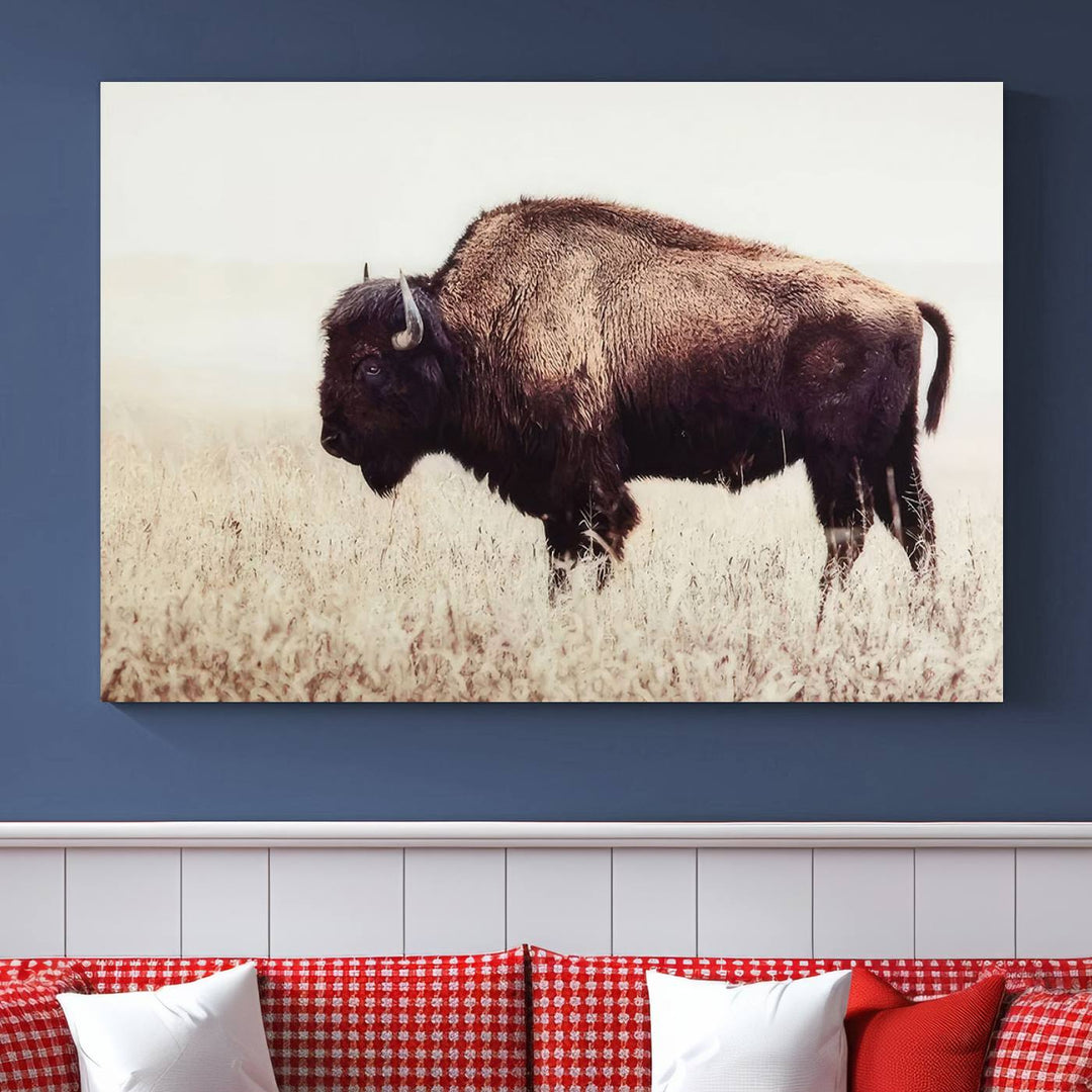 A stylish living room showcases the captivating "Bison in Field" Wall Art Canvas Print as farmhouse decor.