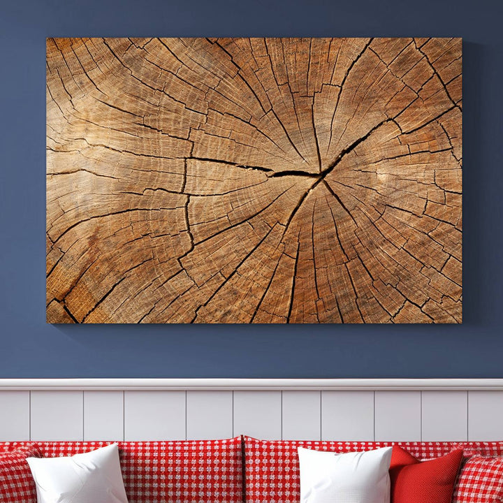 The stunning multi-panel wall art piece, the Tree Ring Canvas Art, features intricate rustic wood grain textures. This giclee triptych hangs elegantly on the wall.