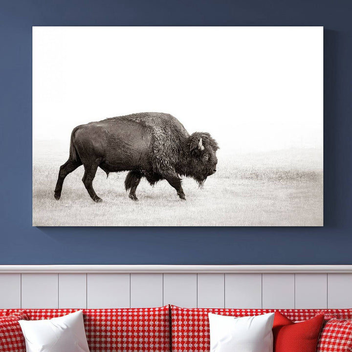 American Bison in Grasslands Triptych Canvas Wall Art – Western-Inspired Nature Decor for Home or Office