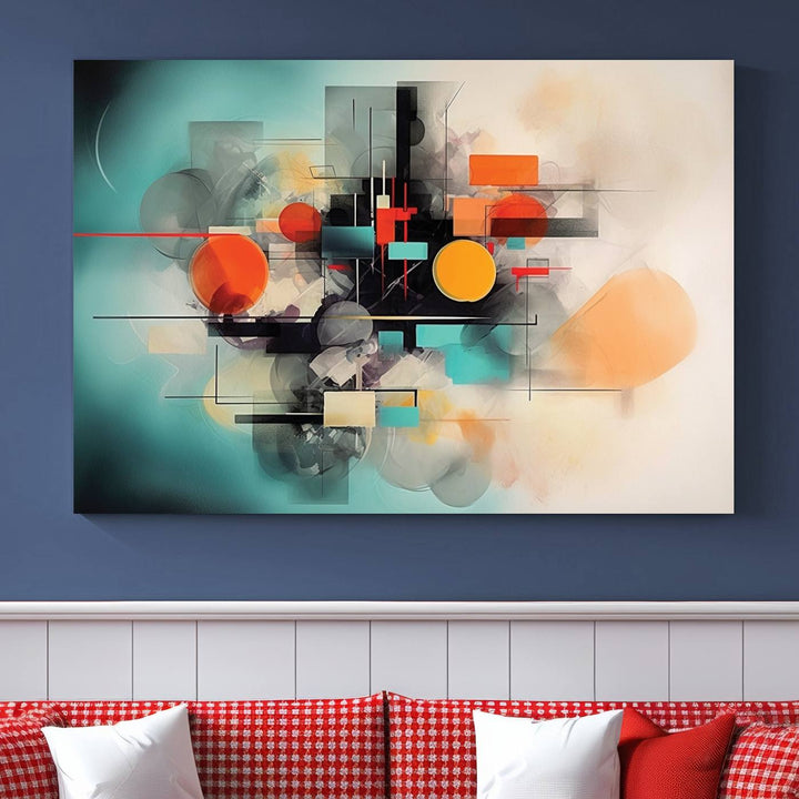 Modern living room featuring a Geometric Colorful Abstract Wall Art Canvas Print.