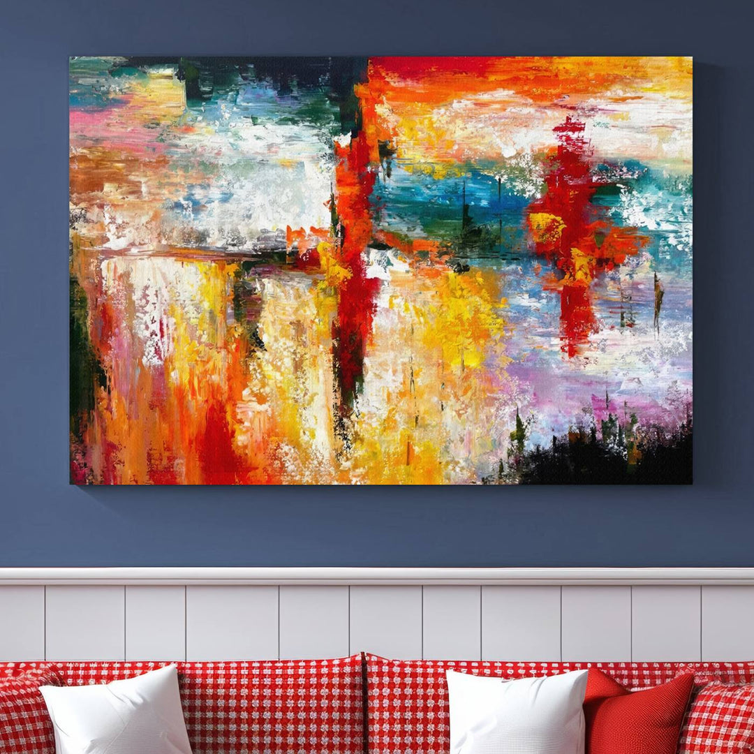 A Colorful Abstract Wall Art Canvas Print graces the wall, making this ready-to-hang masterpiece, complete with UV-protective coating, perfect for elevating any space with its vibrant allure.