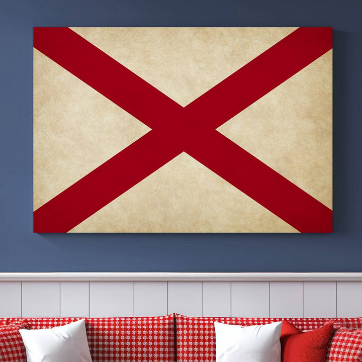 The USA Alabama States Flag Wall Art, featuring a red diagonal cross on a cream background, is elegantly displayed on museum-quality canvas with a UV-protective coating.