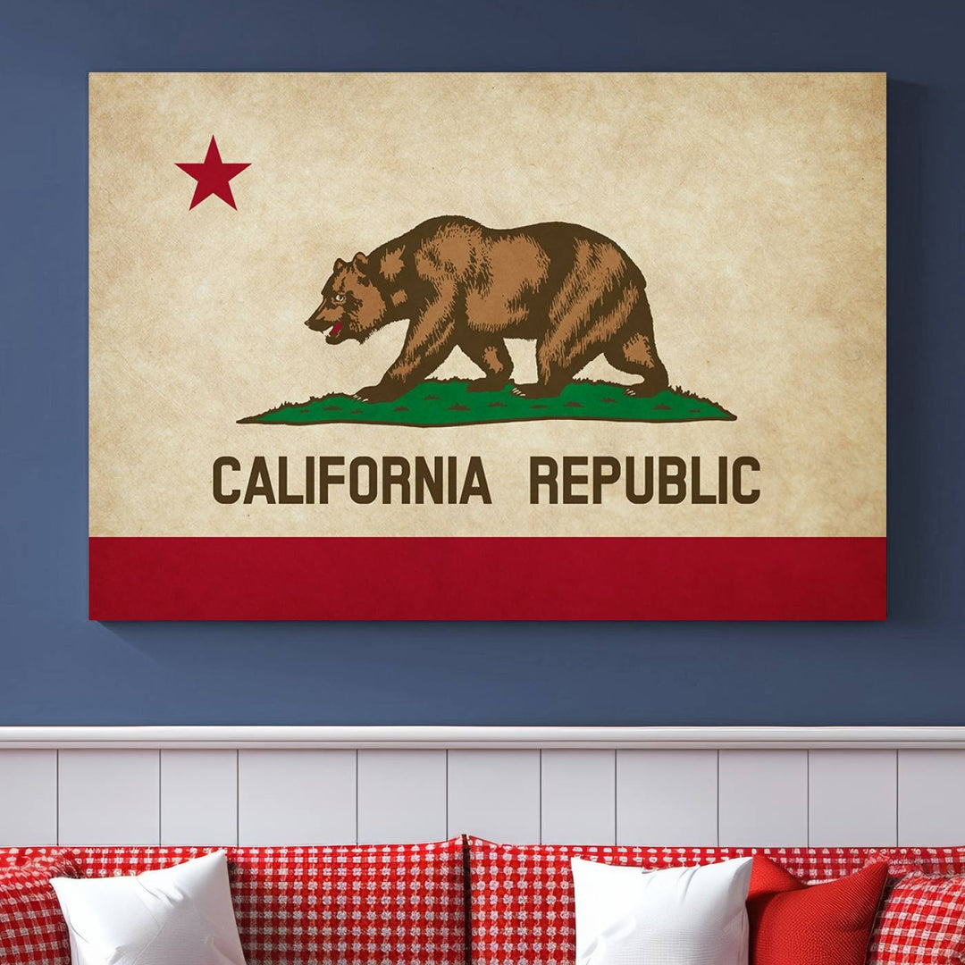 The Calinia States Flag Wall Art Canvas Print, featuring a bear and star design reminiscent of the California Republic flag, is crafted on museum-quality polycotton canvas with a UV-protective coating and is proudly made in the USA.