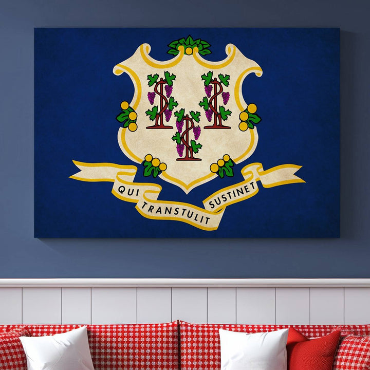 A "Size Connecticut States Flag Wall Art Canvas Print" hangs on the wall, its vibrancy preserved by a UV-protective coating.