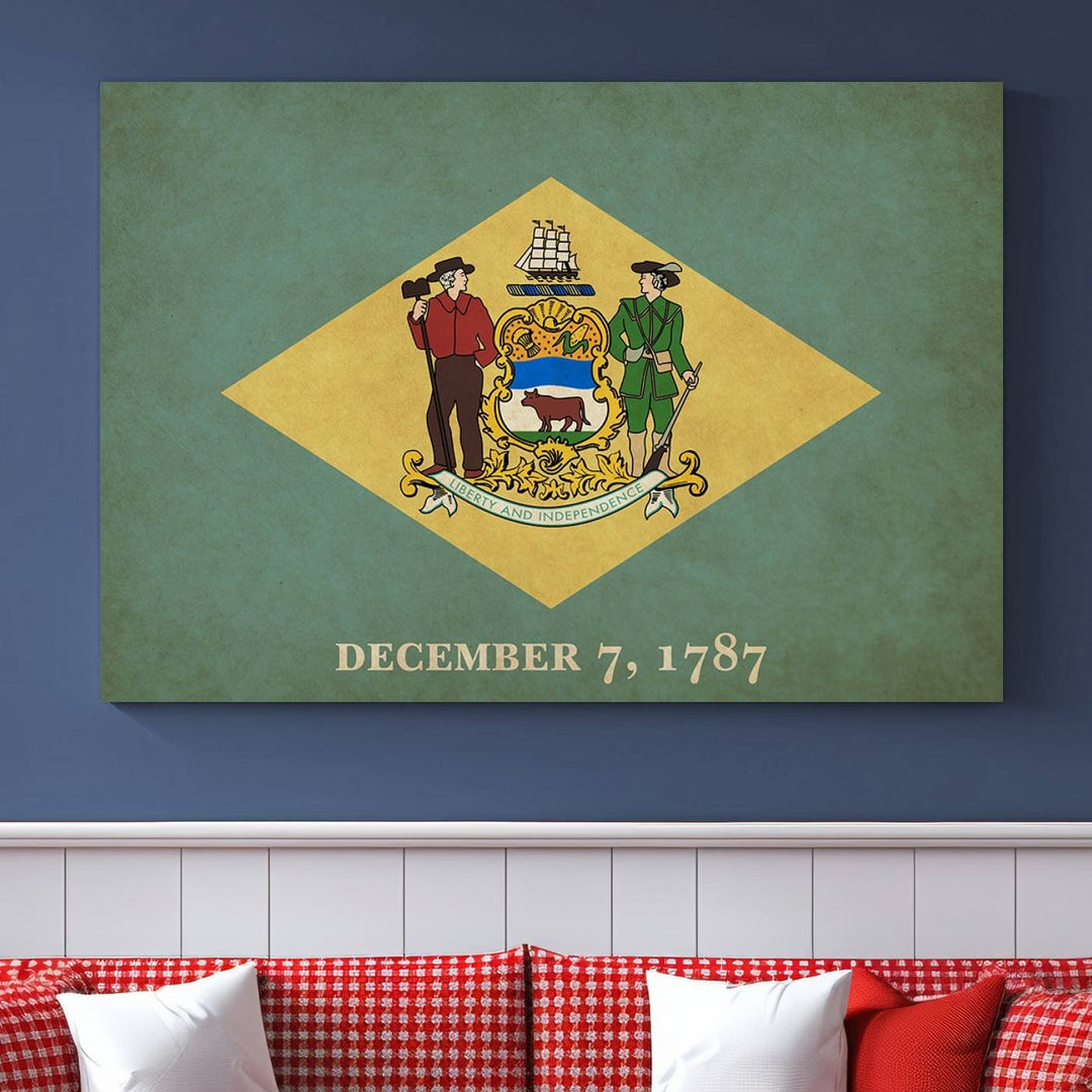 The Delaware States Flag Wall Art Canvas Print, featuring museum-quality material and a UV-protective coating, hangs elegantly, ready to be admired.