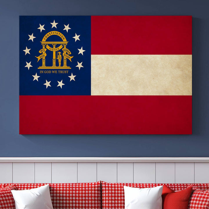 The Georgia States Flag Wall Art Canvas Print, coated with UV protection to preserve its vibrant colors, hangs on the wall.