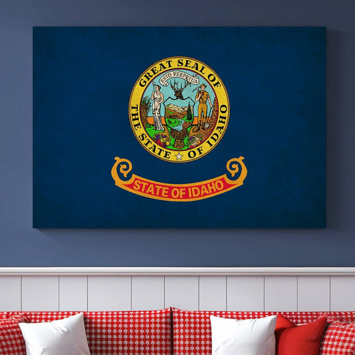 The Idaho USA States Flag Wall Art Canvas Print, featuring a UV-protective coating for lasting vibrancy, is ready to hang.