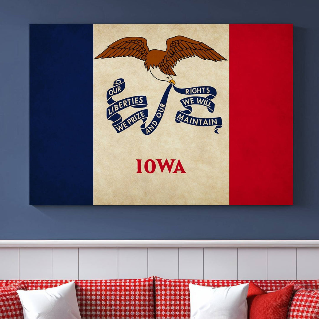 A beautiful Iowa States Flag Wall Art enhances the area, made on museum-quality canvas and boasting a gallery-wrapped design for enduring elegance.