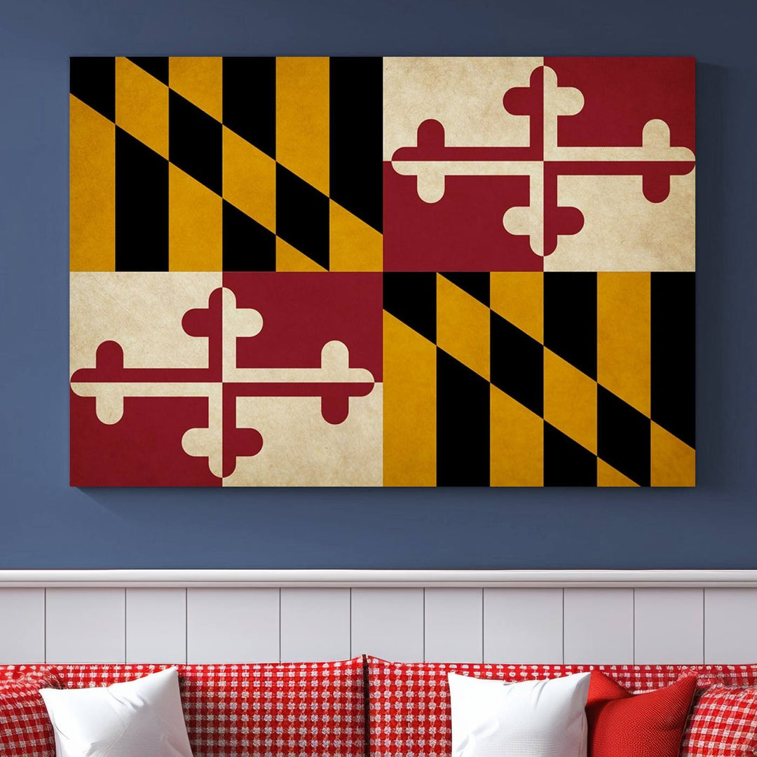 The Maryland Flag Wall Art Canvas Print, boasting a UV-protective coating for vibrant colors and durability, is a museum-quality piece offered with free shipping, making it the perfect addition to your space.