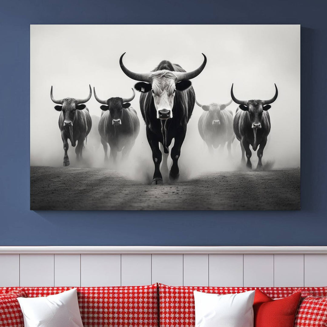 The Texas Bighorn Cow Hern Wall Art Canvas Print, featuring a UV-protective coating, creates a ready-to-hang masterpiece.