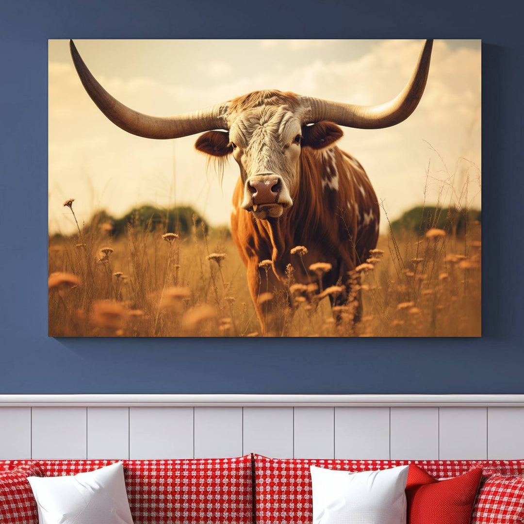 Cow Bighorn Wall Art Canvas Print, Longhorn Texas Cow Animal Canvas Print