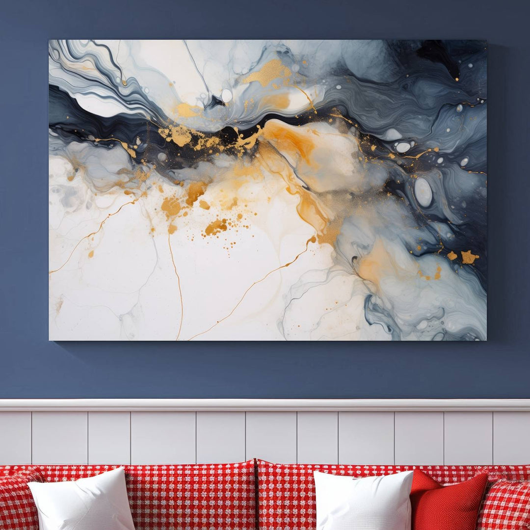 The Dark Blue and Orange Abstract Wall Art, featuring museum-quality canvas with captivating dark and golden swirls, is ready to hang and boasts a UV-protective coating to ensure enduring vibrancy and sophistication.