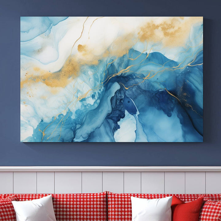 Blue and Gold Abstract Canvas Wall Art Print – Contemporary Fluid Design with Luxe Marble Effect – Ready to Hang