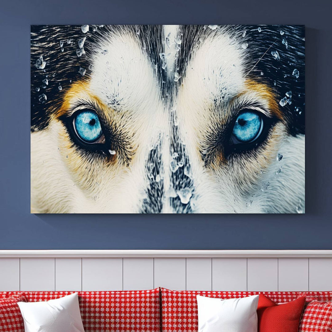 The captivating "Winter Siberian Husky Wolf EYE Wall Art Canvas Print" showcases the striking blue eyes of the animal portrait.