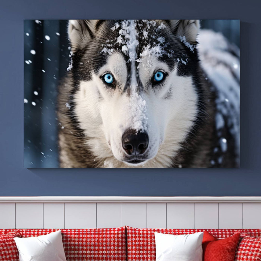 A digital art piece titled "Winter Siberian Husky Wolf Wall Art Canvas Print" showcases a blue-eyed husky blanketed in snow. Printed on high-quality canvas, it is an ideal choice for nature and dog enthusiasts.