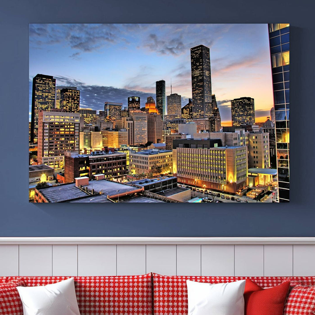 The modern living room features the Houston Wall Art Canvas Print on the wall. This professional craftsman framed masterpiece depicts a cityscape and is created with museum-quality polycotton canvas, ensuring a polished look that enhances its elegant charm.