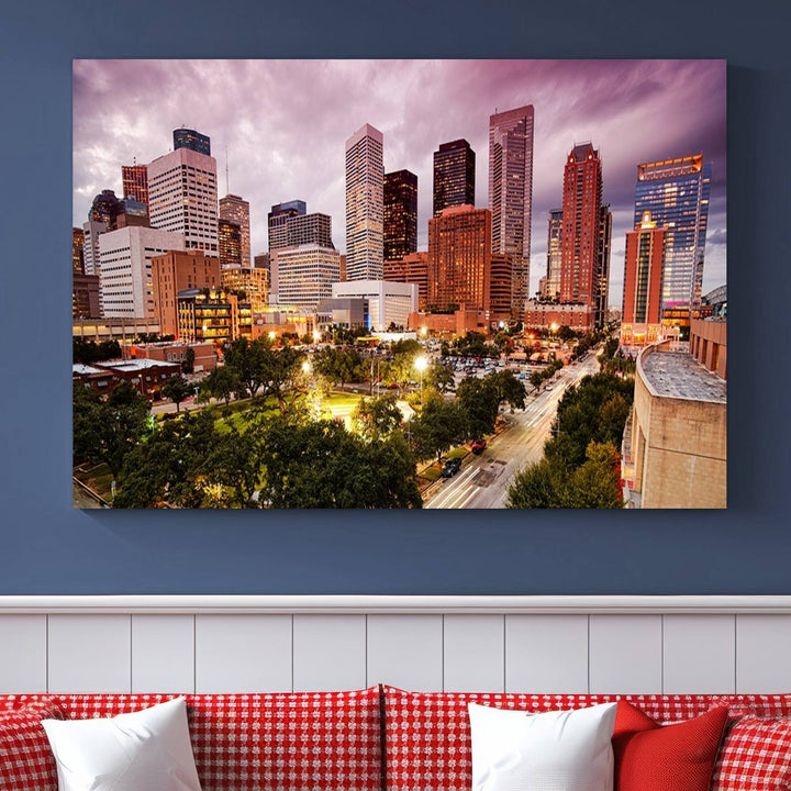 The Houston Wall Art Canvas Print in the living room displays a vibrant city skyline at twilight on museum-quality canvas with UV-protective coating.