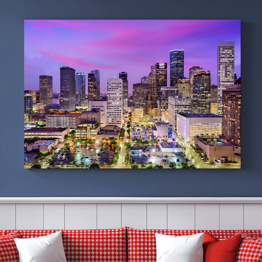 Houston Wall Art Canvas Print showcasing a vibrant cityscape at dusk on museum-quality canvas, expertly crafted by professional craftsmen.