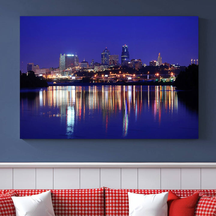 The Kansas City Night Canvas Print Wall Art captures the shimmering city skyline on the calm water, where every detail resembles a museum-quality polycotton masterpiece.