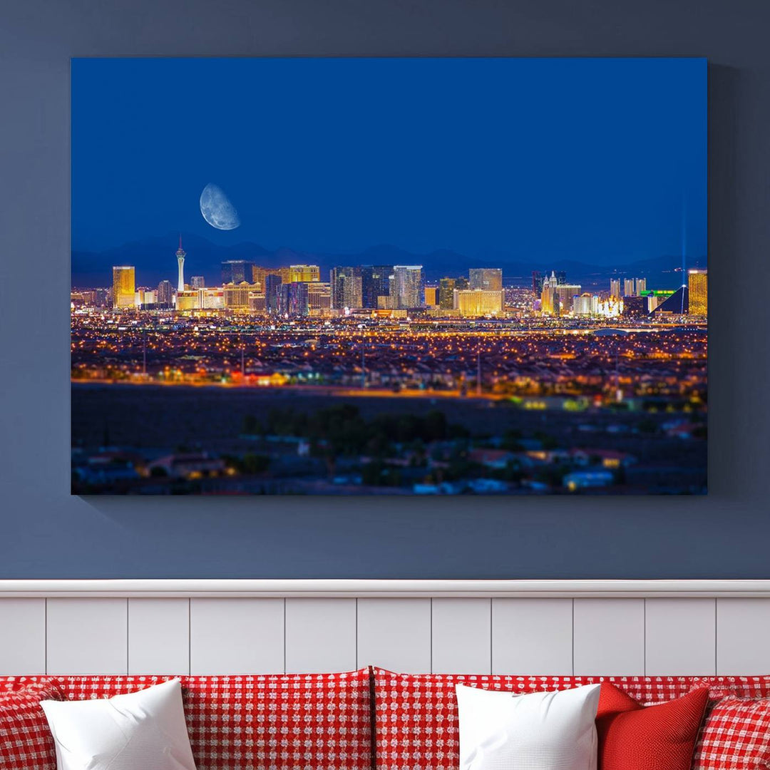 The Las Vegas Wall Art Canvas Print, depicting a city skyline at night, enhances a modern living room with its museum-quality canvas. This triptych comes ready to hang and boasts a UV-protective coating for lasting brilliance.