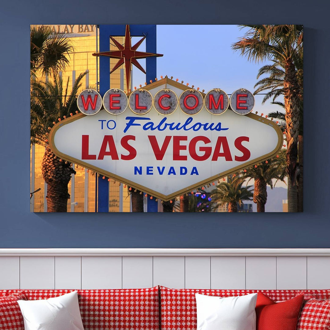 A Las Vegas Wall Art Canvas Print hangs on the wall, showcasing the iconic Welcome to Fabulous Las Vegas, Nevada sign. The museum-quality canvas guarantees vibrant colors with its UV-protective coating and is available with free shipping for added convenience.