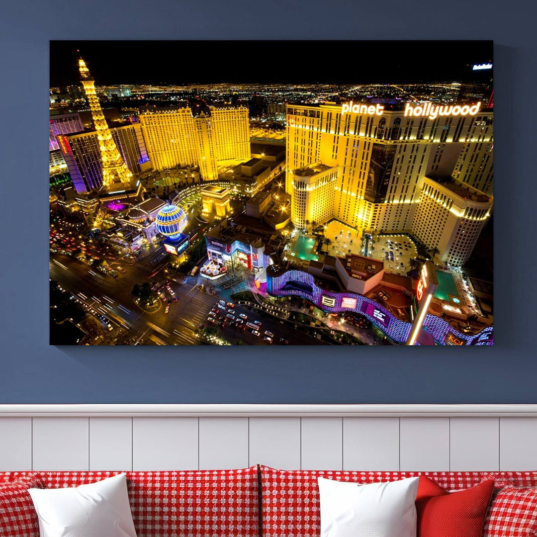 The modern living room features a Las Vegas Wall Art Canvas Print, a museum-quality triptych showcasing a vibrant cityscape with neon lights.