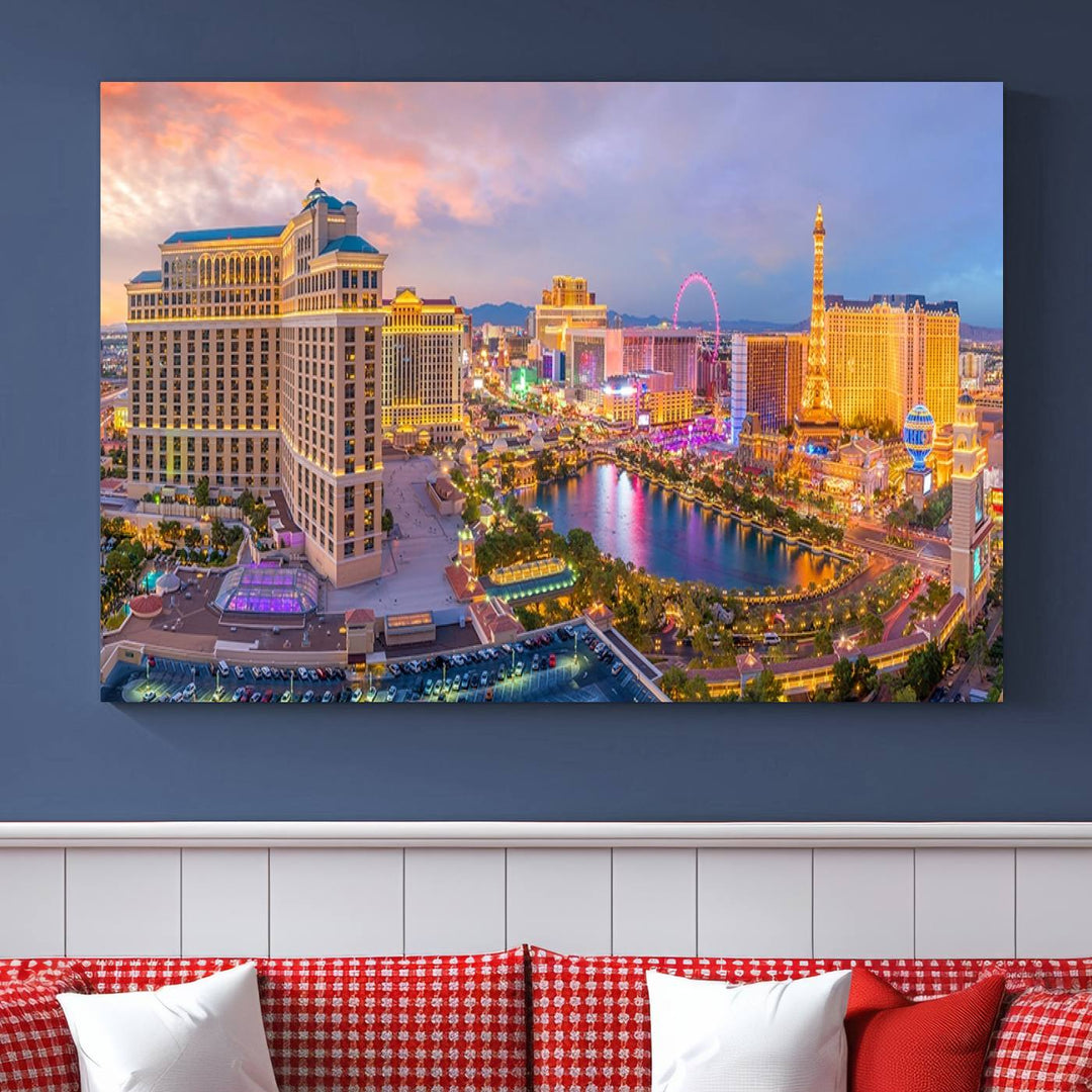 The gallery-wrapped triptych of the Las Vegas Wall Art Canvas Print, depicting the colorful skyline at sunset, adds a vibrant touch to the room. This artwork is crafted on museum-quality canvas and features a UV-protective coating for lasting durability.