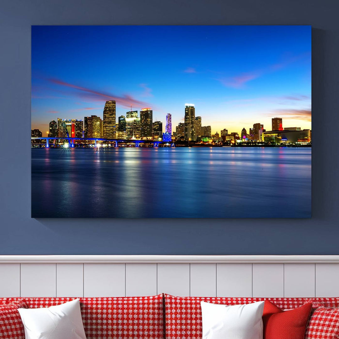 The living room features a Miami City Wall Art Canvas Print—a gallery-wrapped triptych displaying a city skyline at dusk, adding museum-quality elegance to the space.