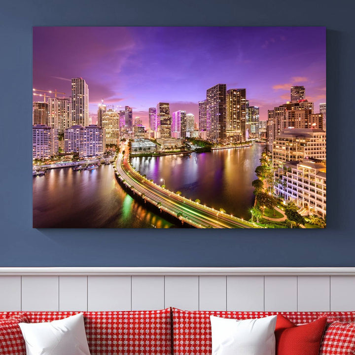 A large Miami City Wall Art Canvas Print is elegantly gallery wrapped on museum-quality polycotton canvas with a UV-protective coating.