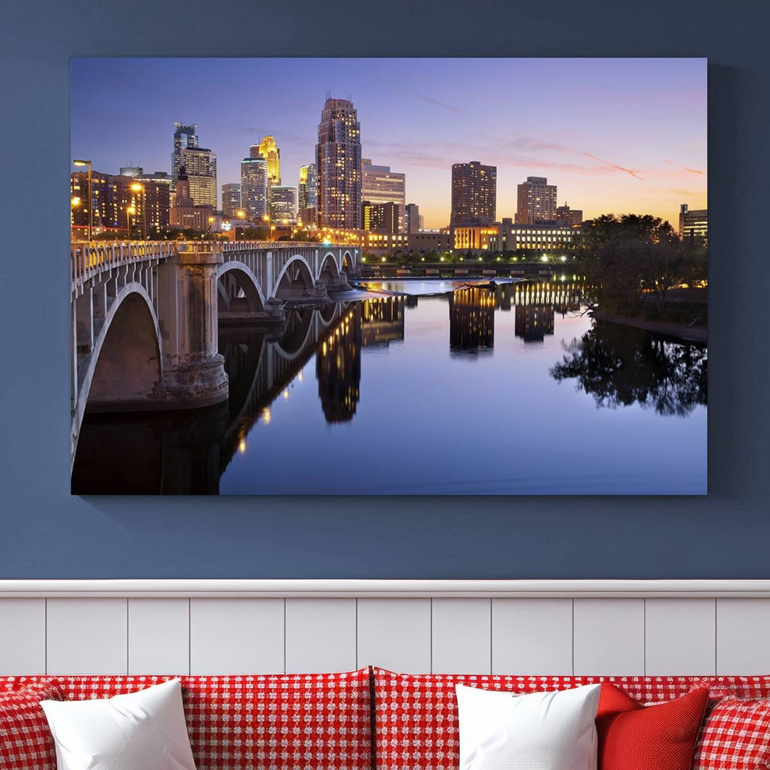 Display the Minneapolis Wall Art Canvas Print, featuring the Minnesota cityscape at dusk, on gallery-wrapped, museum-quality canvas.